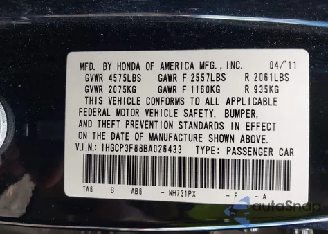 2011 Honda Accord 3.5 Ex-L from USA, damaged, VIN 1HGCP3F88BA026433